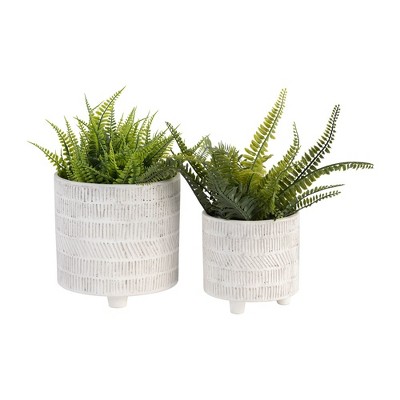 Ivory Geometric Ceramic Footed Planter Set of 2