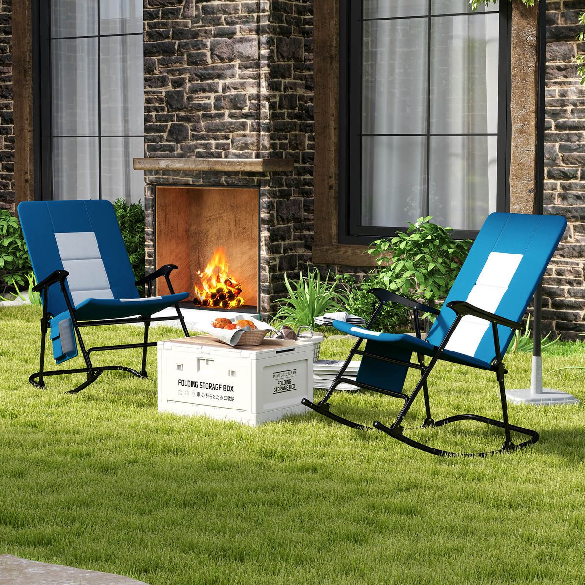 Condition photo showing New/Like New for costway oversized folding rocking camping chair set of 2, red padded portable outdoor rocker with side pocket and hard armrests for patio, lawn, backyard, supports up to 500 lbs blue