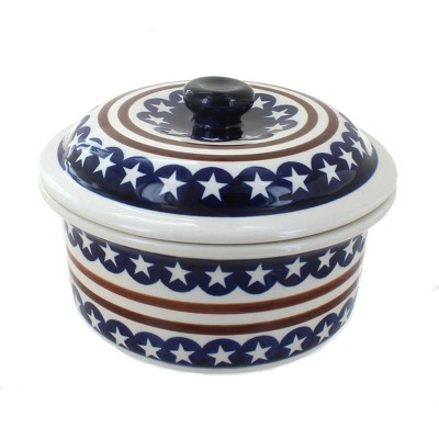 Blue Rose Polish Pottery Stars & Stripes Round Baker with Lid