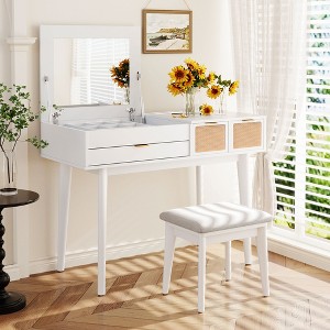 QingMoon Makeup Vanity Set with Flip-top Mirror and Stool, Wood Dressing Table with Three Drawers and Storage Space - 1 of 4