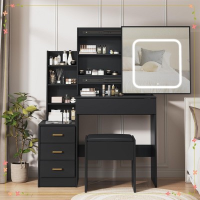Vanity Desk with Mirror and Led Lights, Makeup Vanity Desk with Sliding Lighted Mirror
