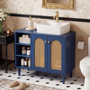 Costway 36” Under Sink Cabinet, Boho Sink Base Cabinet with Rattan