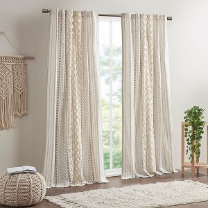 Cotton Printed Curtain Panel with Chenille Stripe and Lining Ivory 50x95 in - 1 of 3
