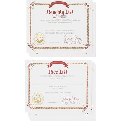 Nice and Naughty List Certificates - 48-Pack Christmas Certificate Paper from Santa Claus, Gold Foil Print Design, 180 GSM, 11x8.5"
