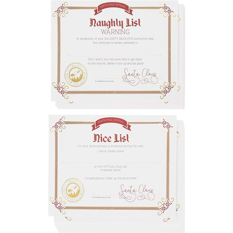 Nice and Naughty List Certificates - 48-Pack Christmas Certificate Paper from Santa Claus, Gold Foil Print Design, 180 GSM, 11x8.5", 1 of 8