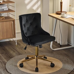 VINGLI Black Velvet Armless Home Office Desk Chair with Gold Base/Wheels, Small Cute Vanity/Makeup Chairk, Upholstered Adjustable Swivel Nail Chair - 1 of 4