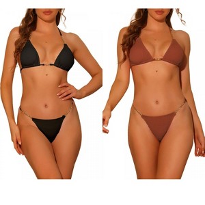 Elerevyo Women's Chain Halter Ribbed Lace Up Tie Back Triangle Bottoms Swimwear Bathing Suits 2 Sets - 1 of 4