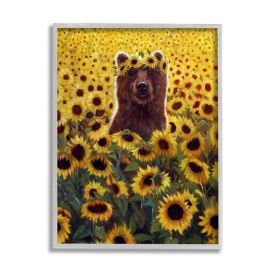 Stupell Industries Happy Bear Sunflower Field Framed Giclee Art