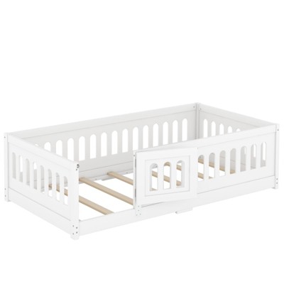 SEVOBAL Kids Furniture Floor Bed Full Size Solid Wood Slats with Heightened Safety Guardrails Door for Kids and Teens