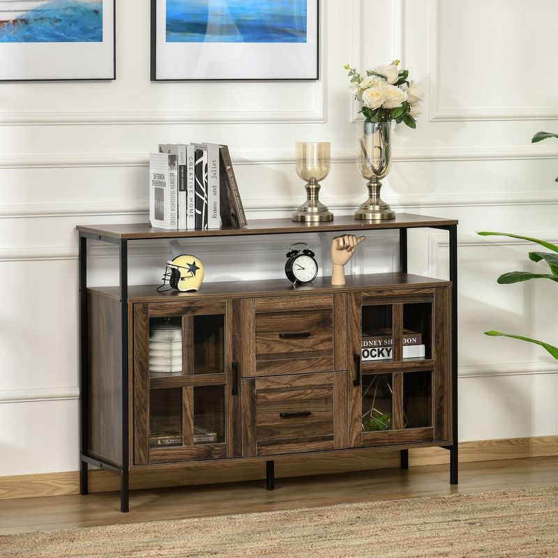 HOMCOM Rustic Kitchen Sideboard, Serving Buffet Storage Cabinet with Adjustable Shelves, Glass Doors, and 2 Drawers for Living Room, 2 of 7