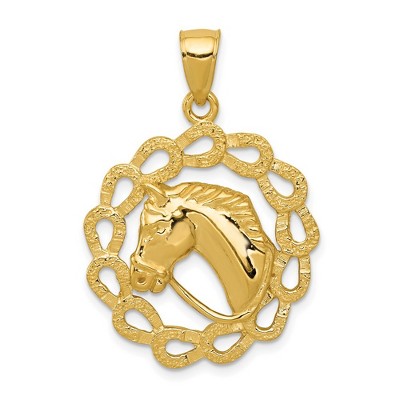 Black Bow Jewelry 14k Yellow Gold Horse Head and Horseshoe Wreath Pendant, 24mm