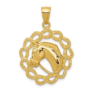 Black Bow Jewelry 14k Yellow Gold Horse Head and Horseshoe Wreath Pendant, 24mm - 1 of 4
