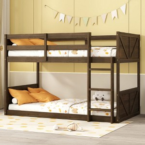 TIRAMISUBEST Twin over Twin Floor Bunk Bed with Panelled Headboard and Footboard, Solid Rubber Wood Bunk Bedframe with Safety Guardrails - 1 of 4