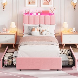 TackView Bed Frame with Storage Headboard,Boucle Upholstered Platform Bed with 2 Drawers, Chic Wavy Headboard with Bookcase, No Box Spring Needed - 1 of 4