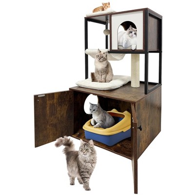 Cat Tree with Litter Box Enclosure - Modern Cat Tower with Condo, Hammock, Scratching Post, Hanging Ball, and Removable Washable Cushions