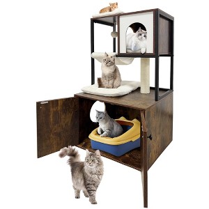 Cat Tree with Litter Box Enclosure - Modern Cat Tower with Condo, Hammock, Scratching Post, Hanging Ball, and Removable Washable Cushions - 1 of 4