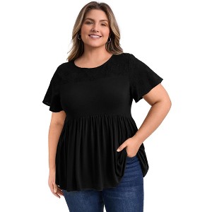Women's Plus Size Eyelet Embroidery Crew Neck Ruffle Hem Cinched Waist Short Sleeve Babydoll Blouses - GRACE & GRANDEUR - 1 of 4