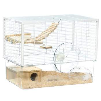 PawHut Transparent Hamster Cage for Gerbil Cage for Hamsters and Gerbils with Deep Bottom, Wooden Ramp, Hut, Bathroom and Exercise Wheel, White