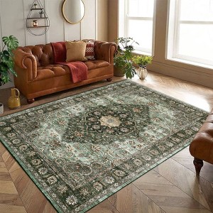 Faux Wool Vintage Printed Area Rug with Non Slip Backing Machine Washable Stain Resistant  Soft  Accent Carpet for Indoor Places - 1 of 4