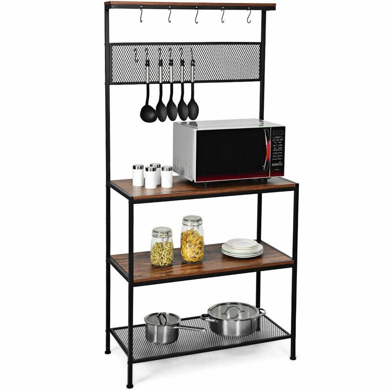 Costway 4-Tier Kitchen Bakers Rack Microwave Oven Stand Industrial w/Hooks & Mesh Panel, 1 of 13