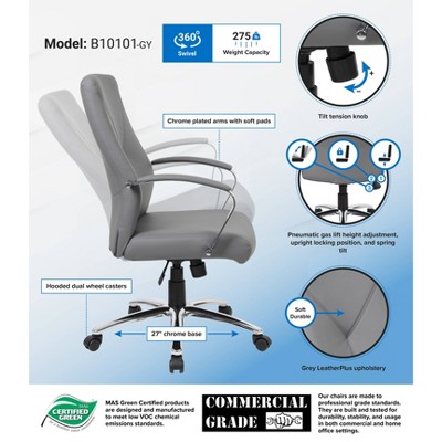 Gray Leather High Back Executive Swivel Chair with Fixed Arms