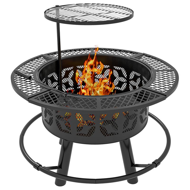 Outsunny 2-in-1 Fire Pit, BBQ Grill, 33" Portable Wood Burning Firepit with Adjustable Cooking Grate, Pan and Poker, Black, 4 of 7