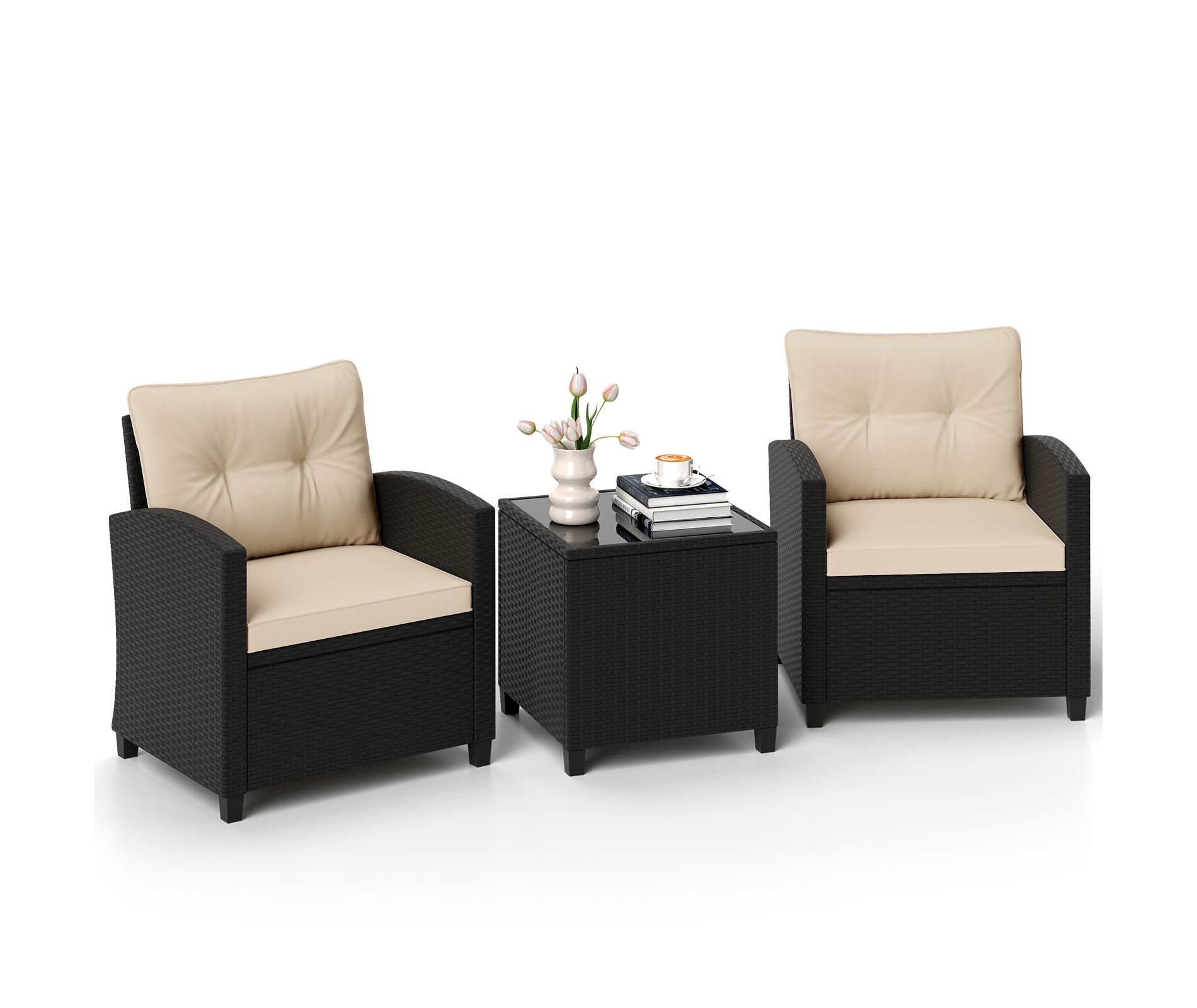 Tangkula 3 Piece Patio Furniture Set Rattan Conversation Set w/Soft Seat & Back Cushions Tempered Glass Topped Coffee Table Beige