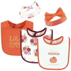 Hudson Baby Infant Girl Cotton Bib and Headband or Caps Set, Pink Cutest Pumpkin, One Size - 1 of 4