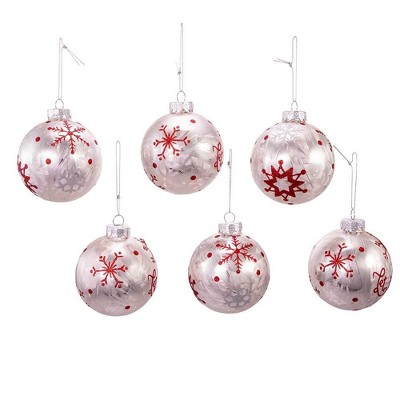 80MM Silver and Red Snowflake Glass Ball Ornaments, Set of 6