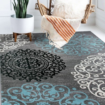 Gray and Blue Floral Synthetic Area Rug