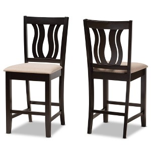 Baxton Studio 2pc Fenton Fabric Upholstered and Wood Barstool Set Dark Brown: Geometric Backrest, Polyester Upholstery, 25" Seat Height - 1 of 4