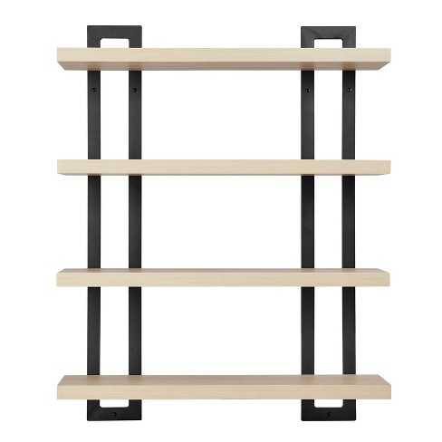 Danya B. Modern 2-Tier Hanging Bracket Wall Shelves in Black Metal and White Birch Finish