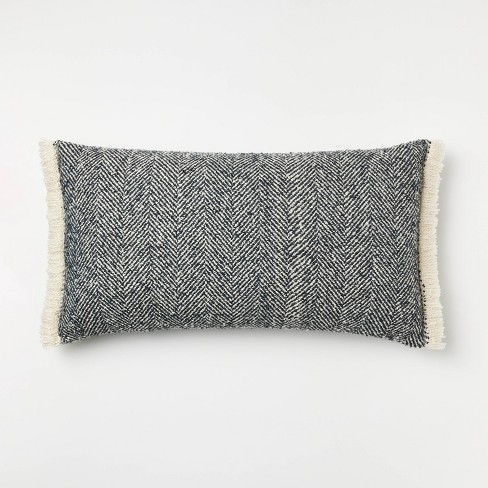 Oversized Herringbone with Frayed Edges Lumbar Throw Pillow Navy/Cream - Threshold Designed with Studio McGee