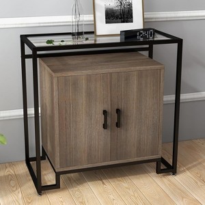 Rattan Nightstand with Tempered Glass Top, Modern Side Table with 2 Doors & Open Storage, Steel Frame for Bedroom, Living Room, Couch - 1 of 4