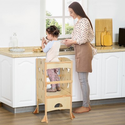 Natural Pine Foldable Wooden Kids Kitchen Step Stool with Safety Rails