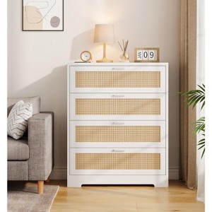 4 Drawer Rattan Dresser for Bedroom, Wood Dresser Chest of Drawers with Power Outlets - 1 of 4