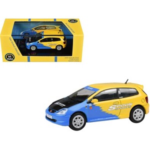 2001 Honda Civic Type R EP3 Blue and Yellow with Black Hood "Spoon Sports" 1/64 Diecast Model Car by Paragon Models - 1 of 4