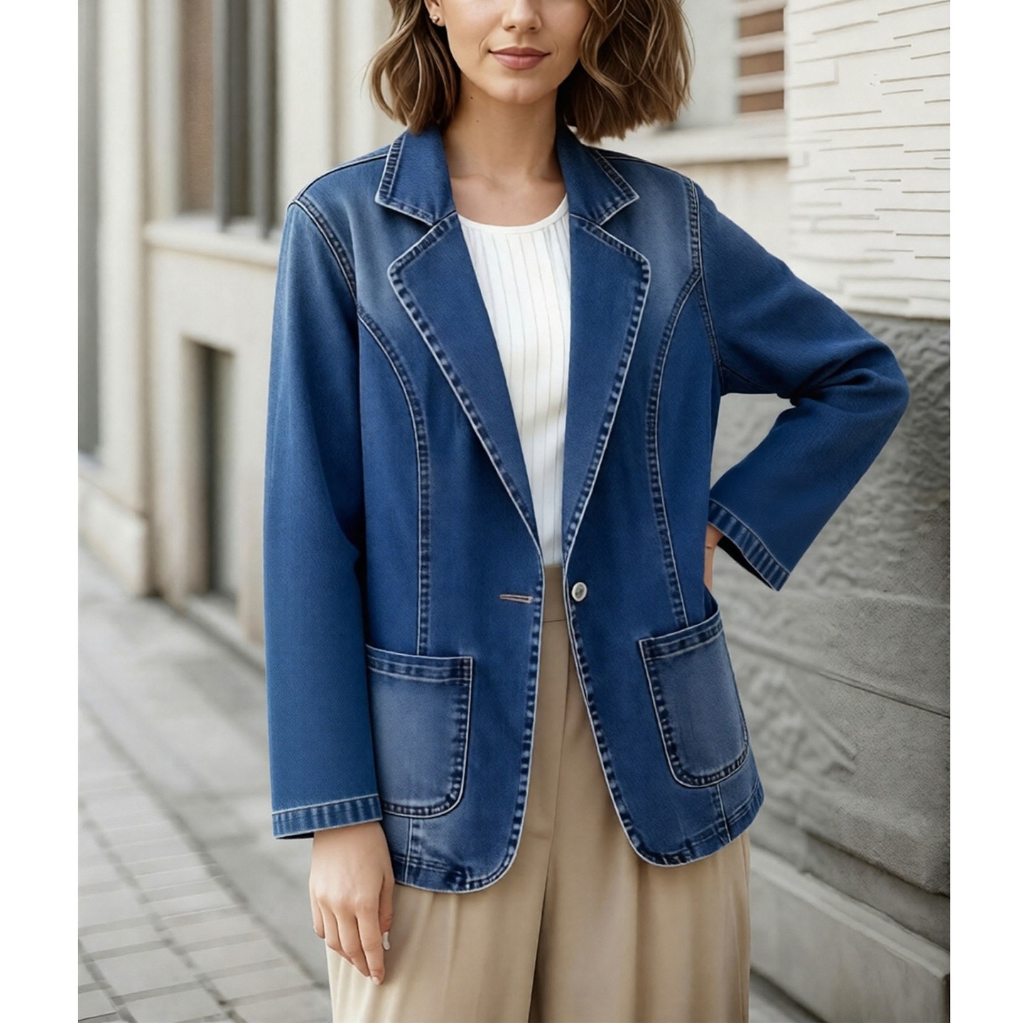 Женская куртка EadianDree Women Denim Jacket Notched Lapel Single Button Front Patch Pockets Outerwear, цвет: Джинсовый — фото 1