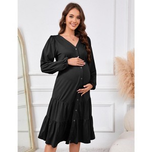 WhizMax Womens Maternity Dresses Fall Long Sleeve Midi Dress Casual V Neck Button Down Tiered Flowy Aline Waist Shirt Dress - 1 of 4