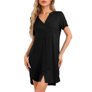cheibear Women's V-Neck Front Button Down Short Sleeve Nightgowns - 1 of 4