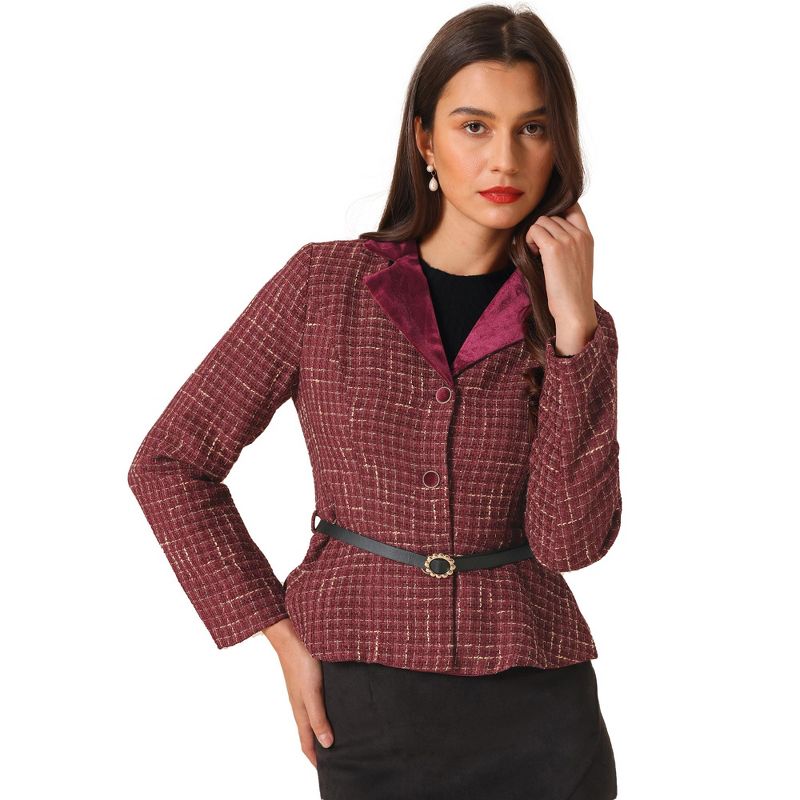 Allegra K Women's Vintage Tweed Plaid Notched Collar Work Office Blazers with Belt Wine Red M