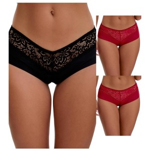 INSPIRE CHIC Women's Lace Ice Silk Hollow Out Mid Rise Comfort Boyshorts  Briefs 3 Packs - 1 of 4
