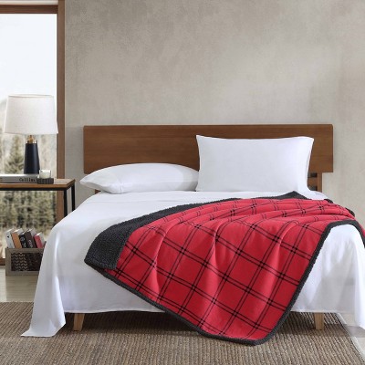 Red and Black Plaid Cotton Sherpa Reversible Throw Blanket
