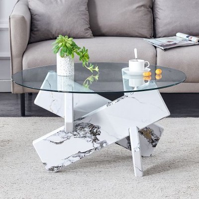 CENGHU Modern Circular Glass Coffee Table, 33.4" Modern and Distinctive Design Tea Table with Tempered Glass Countertop and MDF Table Legs