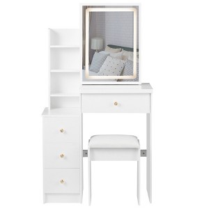 Makeup Vanity Desk with Mirror and Lights, Makeup Table Set With Stools & 4 Drawers, Small Brightness Adjustable Dressing Table for Bedroom - 1 of 4