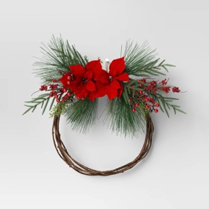 22" Christmas Unlit Asymmetrical Red Poinsettia Wreath - Wondershop™ - 1 of 4