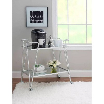 Mid-Century Modern Silver Mirrored Rectangular Bar Cart with Storage
