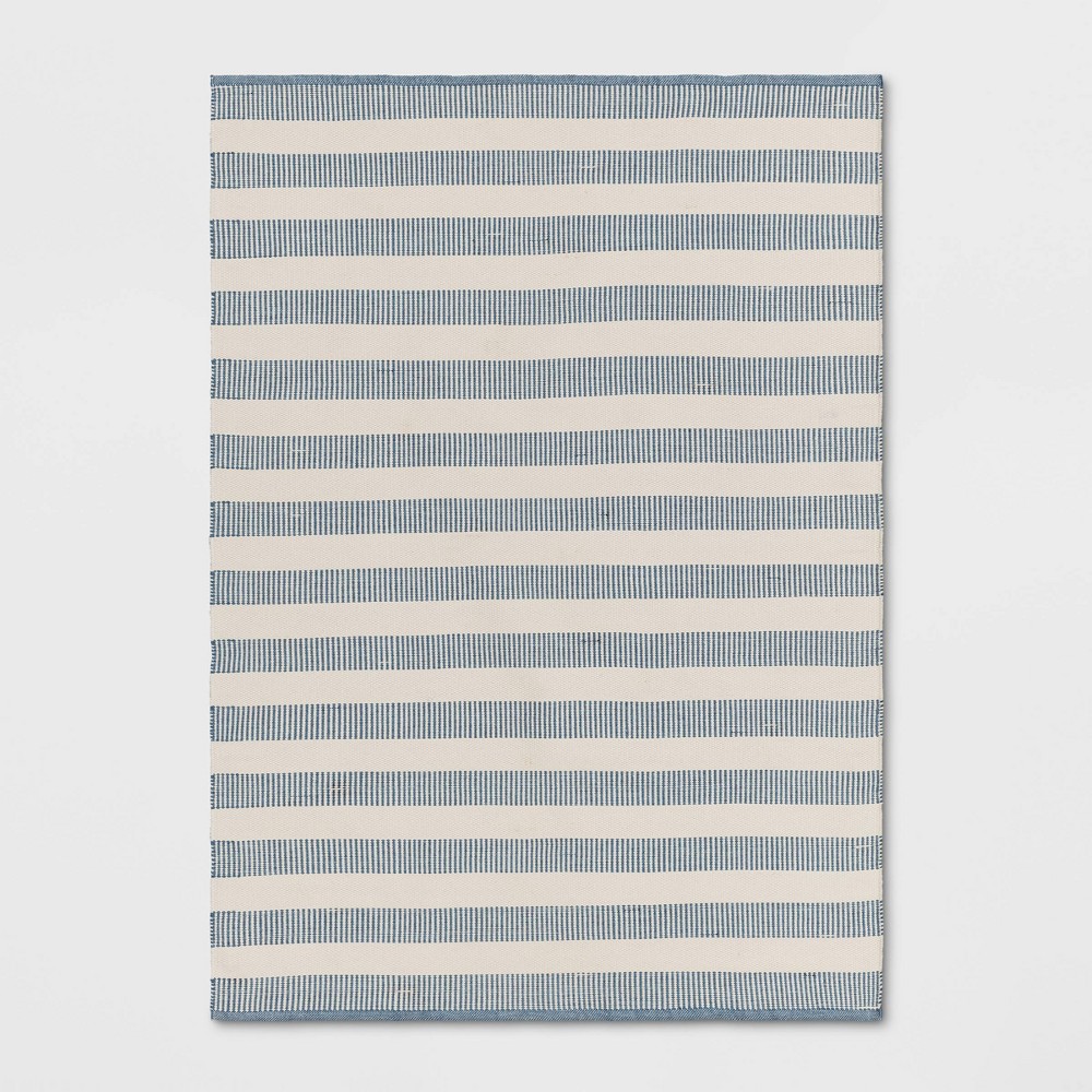 Photos - Doormat 5'x7' Rectangular Hand Made Woven Outdoor Area Rug Striped Ivory/Blue - Th
