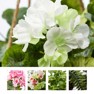 White Geranium Faux Flower Arrangement in Wicker Basket with Jute Rope Hanger