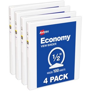 Avery Economy View 3 Ring Binders, 0.5" Round Rings, 100 Sheet Capacity, 0.7" Wide Spine, White Binders (4-Pack of 05750) - 1 of 4